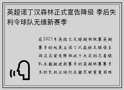 英超诺丁汉森林正式宣告降级 季后失利令球队无缘新赛季